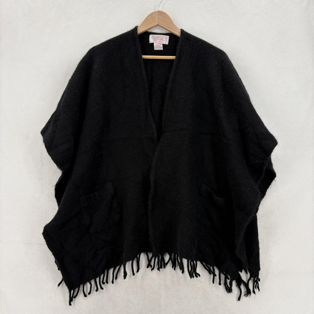 Schweitzer Linen Robe Kaftan Womens One Size Black 100% Cashmere Fringe Poncho